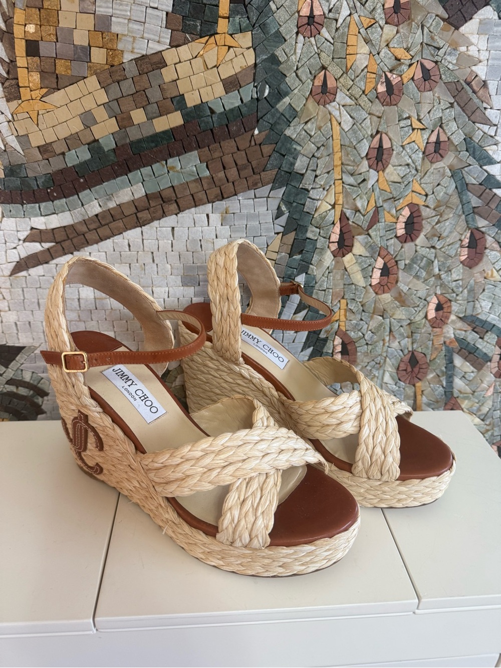 Jimmy Choo Cream Raffia Braided Platform Wedge Sandals with Tan Leather Accents